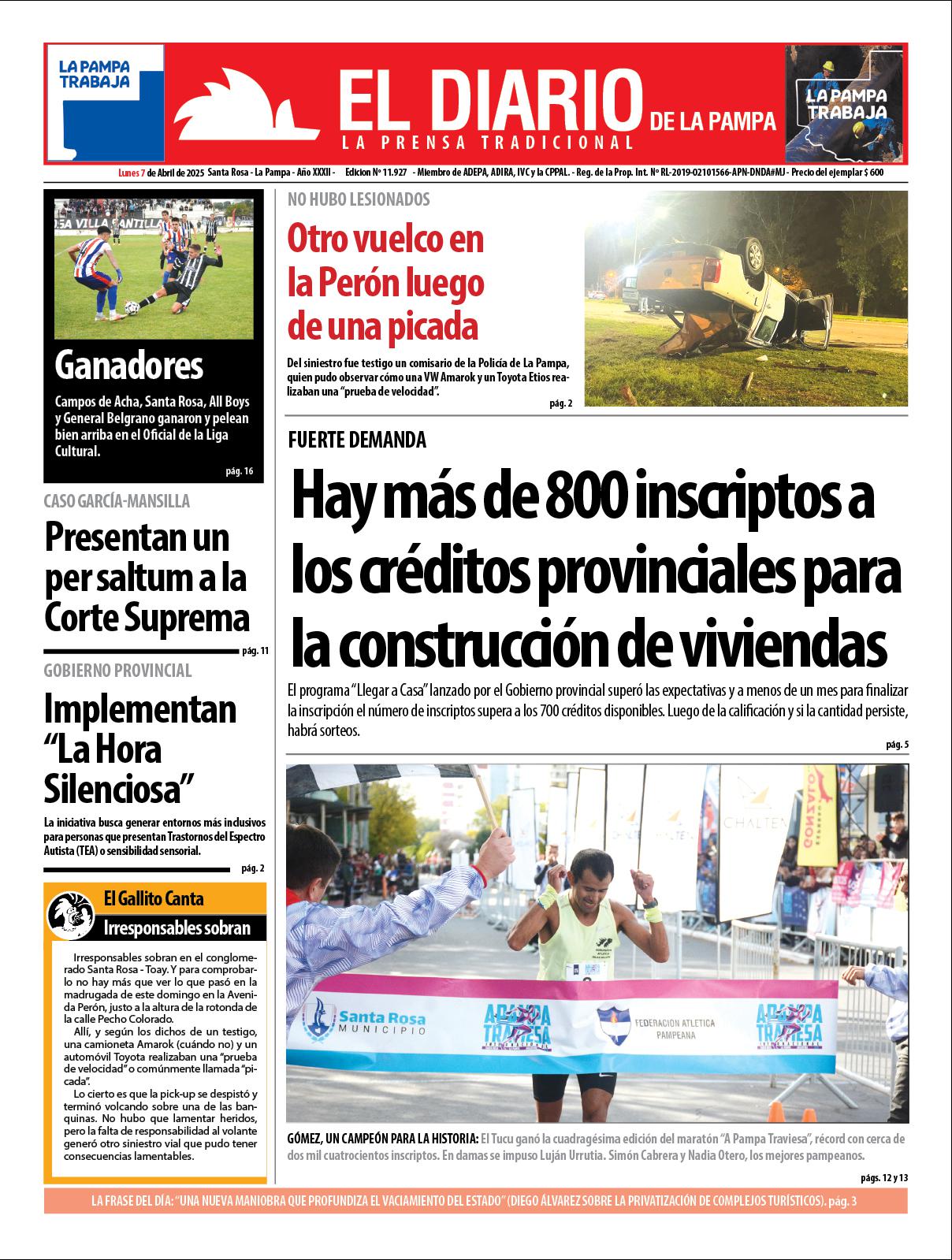 Tapa de El Diario en papel  lunes 07 de abril de 2025